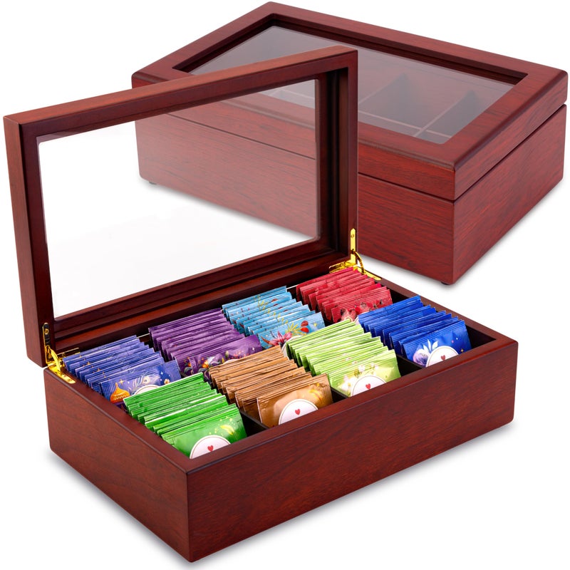 Apace Living Tea Box  Luxury Wooden Tea Bag Organizer from The Apace Premier Collection  8 Compartment Tea Storage Chest Container  Elegantly Handmade wScratch Resistant Window 
