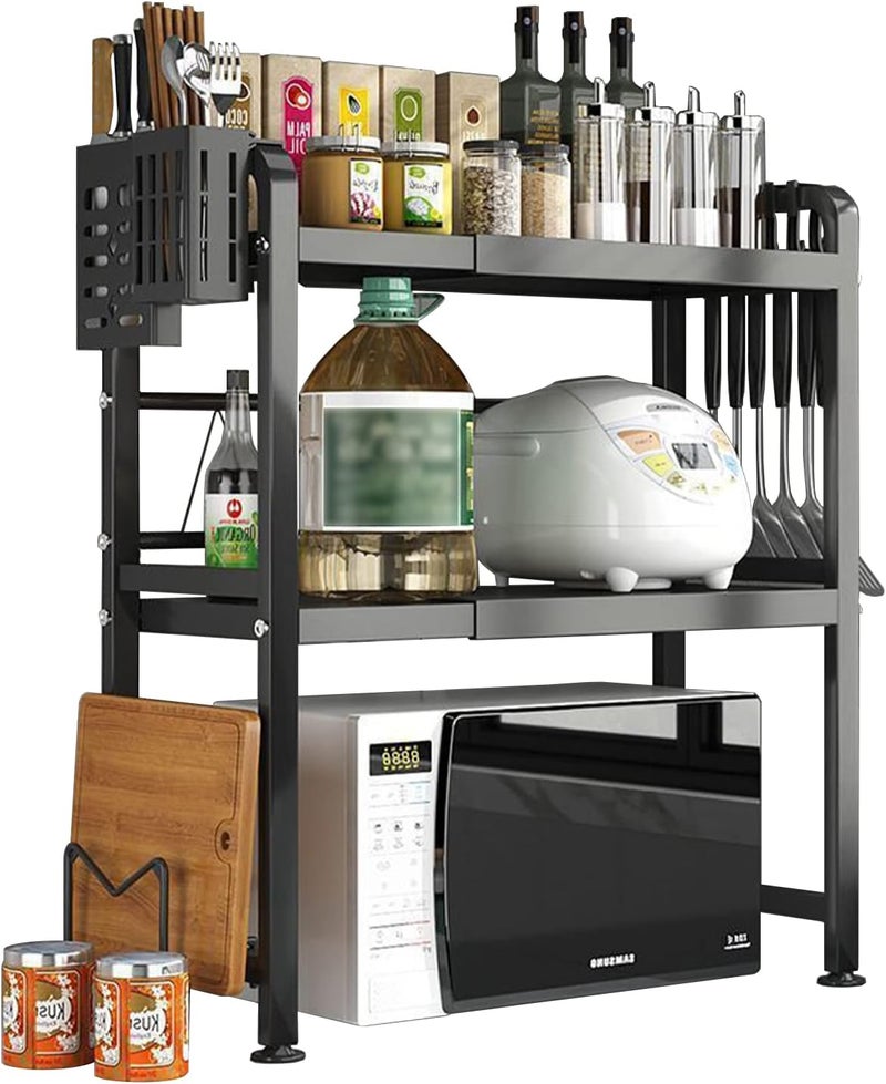ALMEKAQUZ Microwave Oven Rack,Expandable Microwave Stand,Carbon Steel Over Microwave Shelf Countertop with 6 Hooks,Chopping Block Frame,Chopsticks Tube,Knife Rest,for Kitchen (two layer) - Image 1