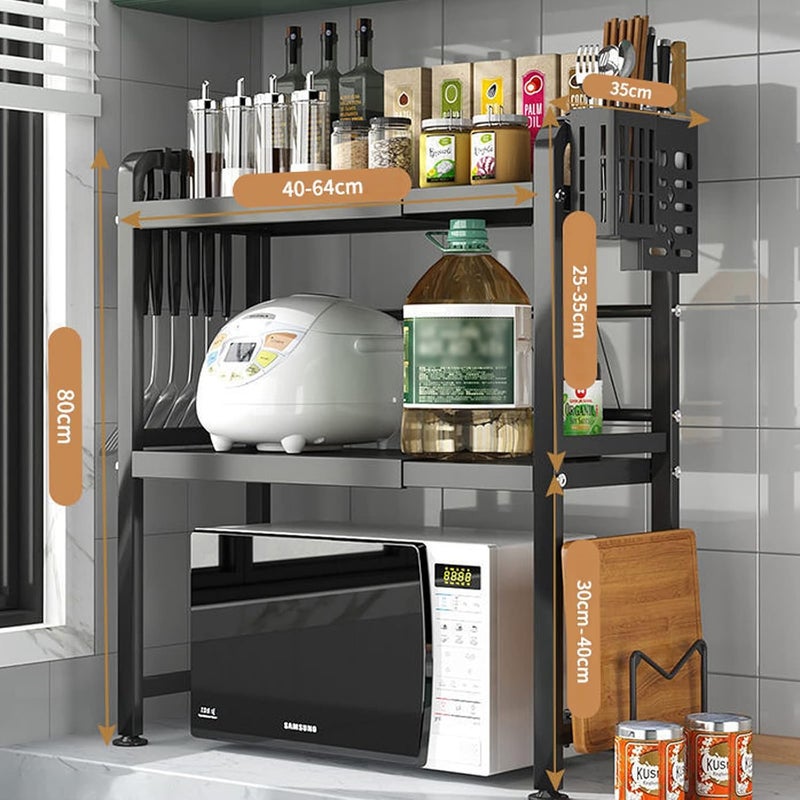 ALMEKAQUZ Microwave Oven Rack,Expandable Microwave Stand,Carbon Steel Over Microwave Shelf Countertop with 6 Hooks,Chopping Block Frame,Chopsticks Tube,Knife Rest,for Kitchen (two layer) - Image 2
