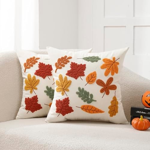 WOKANI Fall Throw Pillow Covers 18x18 Set of 2 Autumn Thanksgiving Leaf Maple Leaves Decorative Embroidery Cushion Cases Decor Home Decorations for Couch Patio Furniture Bed Room Livingroom Sofa Porch - Image 1