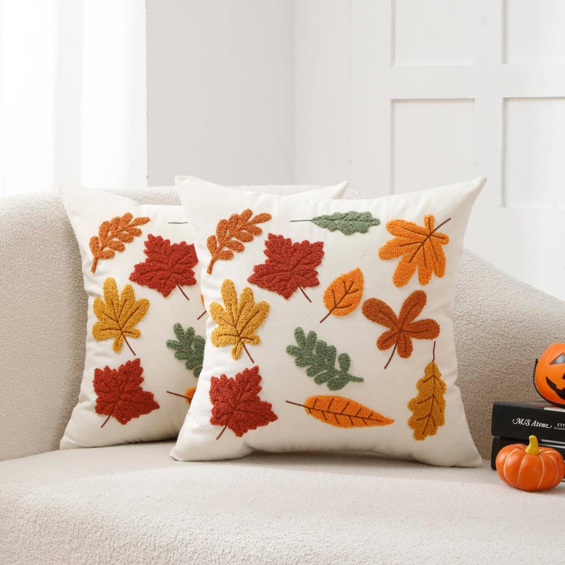 WOKANI Fall Throw Pillow Covers 18x18 Set of 2 Autumn Thanksgiving Leaf Maple Leaves Decorative Embroidery Cushion Cases Decor Home Decorations for Couch Patio Furniture Bed Room Livingroom Sofa Porch - Image 2