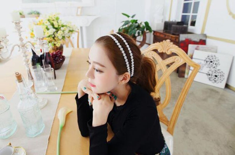 Nicedmm 2 Pcs Fashion Double Layer Hair Rope Artificial Pearl Snowflakes Headband - Flowers Hair Ornaments Hair Bands Headdress for Women Lady - Image 3