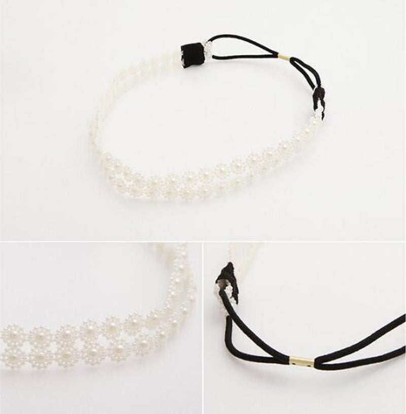 Nicedmm 2 Pcs Fashion Double Layer Hair Rope Artificial Pearl Snowflakes Headband - Flowers Hair Ornaments Hair Bands Headdress for Women Lady - Image 2