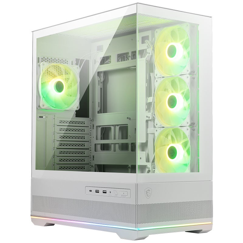 MSI MAG PANO 110R PZ Mid-Tower PC Case, Panoramic 270° Tempered Glass, Reverse Blade ARGB Fans x4, Up to 10 Fan Mounts, USB-C 20Gbps Front I/O, Tool-Free Design, Cable Back-Connect Ready, White | 306-7G28W21-JA4 - Image 1