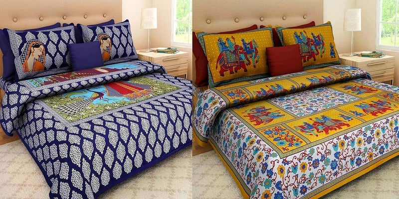 BEDZONE مجموعة سرير زون 100 قطن جايفوري مجموعة من 2 ملاءة سرير مزدوجة مع 4 أغطية وسائد متعددة - Image 1