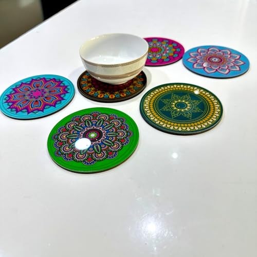 Tresneria® Tea Coasters, Set of 6, with Beautiful Designs | Comes with a Beautiful Gift Box | Dining Table Accessory | Square Shape | Diwali Gift | Corporate Gift (Acrylic Mandala Marvels) - Image 1