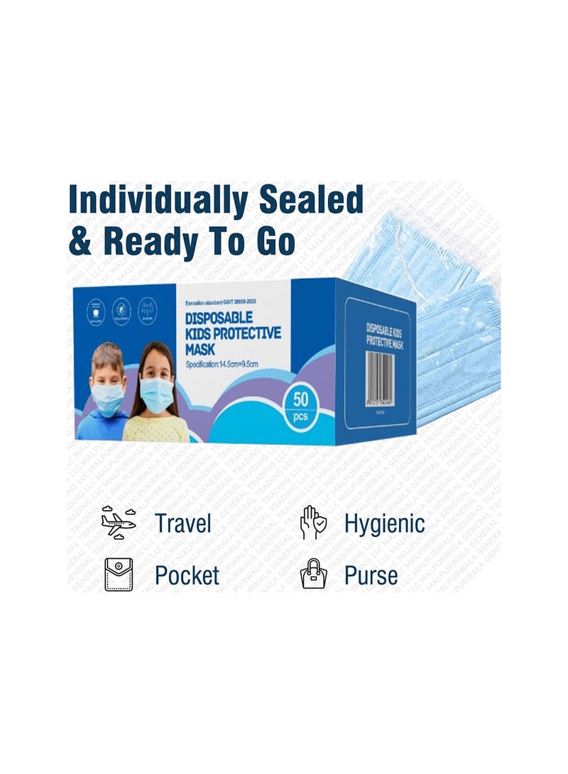 Dada DADA Individually Packaged 3 Layer Disposable Protective Face Mask, Premium Quality Face Mask with Elastic Ear Loop. Specially Designed for Kids (50pcs Individually Wrapped/ box) (Standard Blue)  - Image 2