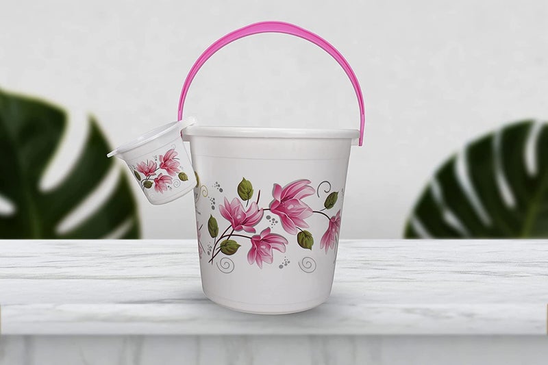 Hevea Plastic Bathroom Bucket 20 Liters & Mug1L with New Flower Printed Set of 2 (Pink and Brown) - Image 5