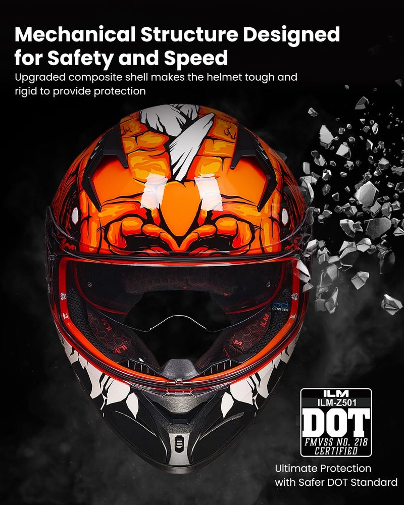 ILM Motorcycle Helmet Full Face with Pinlock Compatible Clear&Tinted Visors and Fins Street Bike Motocross Casco DOT Model Z501(Lizard Red, Small) - Image 3