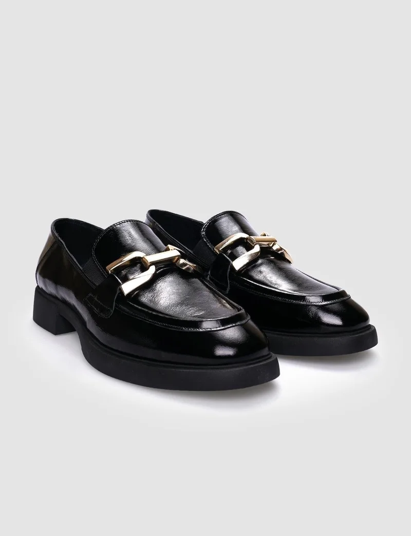 Cabani 100% Genuine Leather Black Patent Leather Buckled Women's Casual Shoes