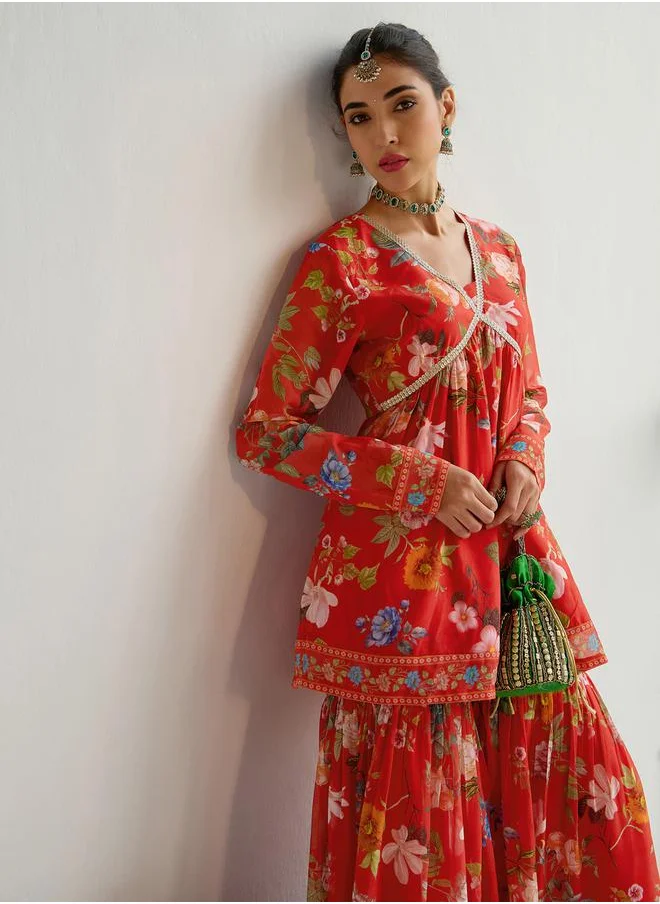 ساسافراس Floral Print Peplum Top with Sharara Pants Set