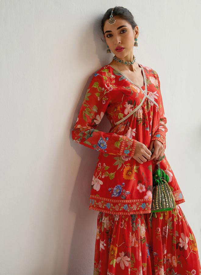 SASSAFRAS Floral Print Peplum Top with Sharara Pants Set - Image 1