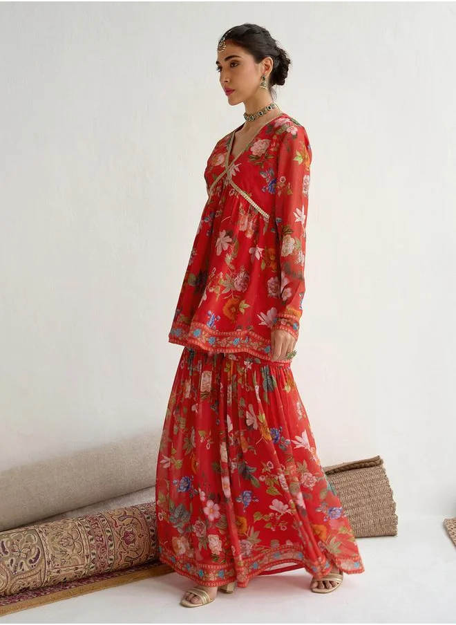 SASSAFRAS Floral Print Peplum Top with Sharara Pants Set by Styli