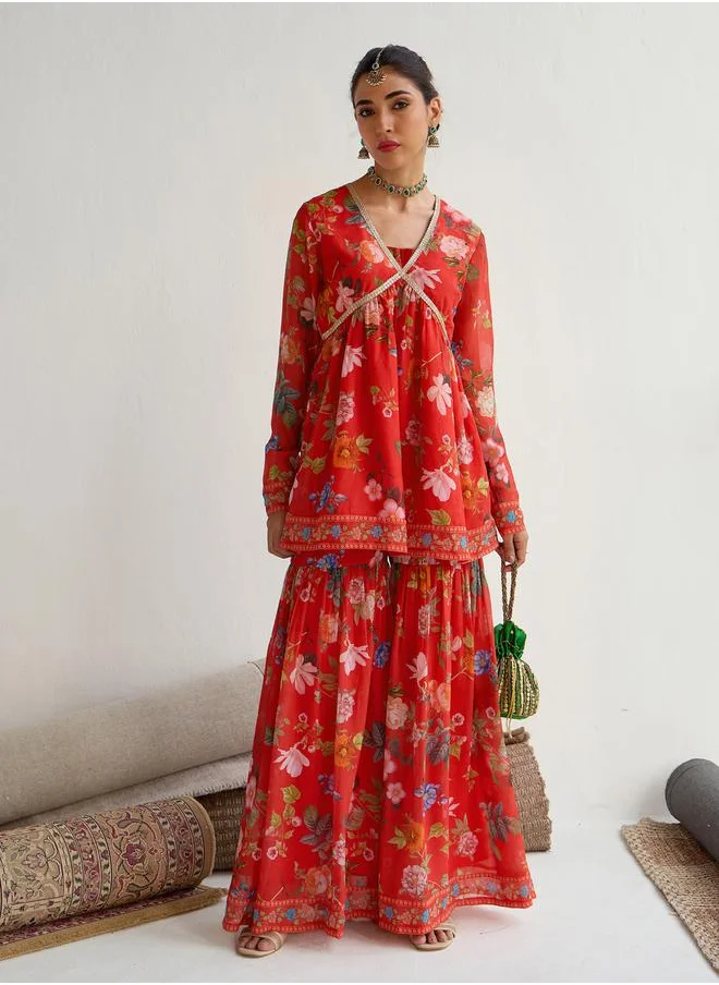 ساسافراس Floral Print Peplum Top with Sharara Pants Set