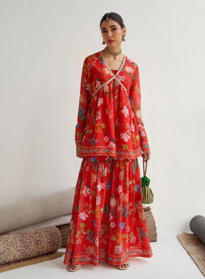 SASSAFRAS Floral Print Peplum Top with Sharara Pants Set - Image 2