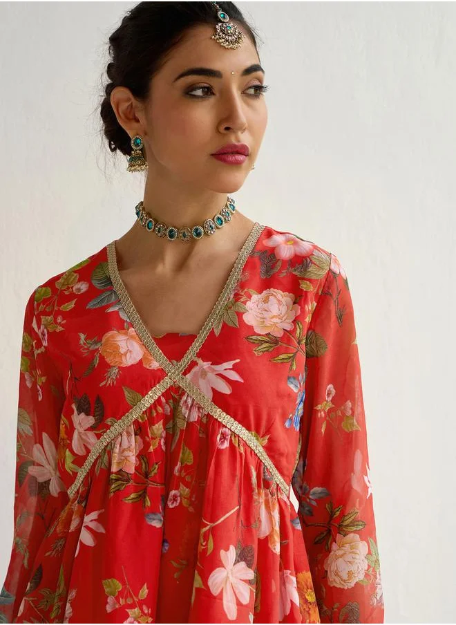 SASSAFRAS Floral Print Peplum Top with Sharara Pants Set by Styli