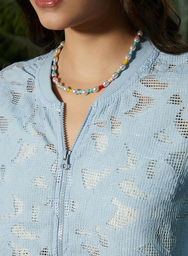 Campus Sutra Women's Sky Blue Mesh Botanical Jacket For Casual Wear | Baseball Collar  | Long Sleeve | Zipper Closure | Jacket Crafted With Comfort Fit For Everyday Wear