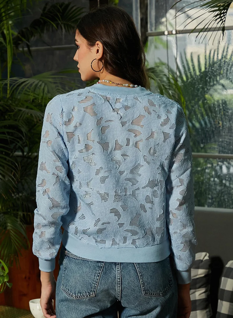 Campus Sutra Women's Sky Blue Mesh Botanical Jacket For Casual Wear | Baseball Collar  | Long Sleeve | Zipper Closure | Jacket Crafted With Comfort Fit For Everyday Wear