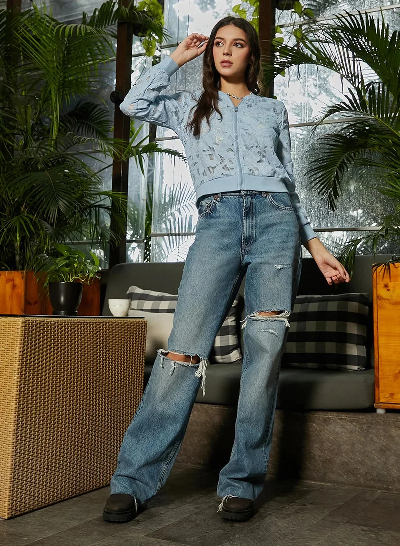 Campus Sutra Women's Sky Blue Mesh Botanical Jacket For Casual Wear | Baseball Collar  | Long Sleeve | Zipper Closure | Jacket Crafted With Comfort Fit For Everyday Wear