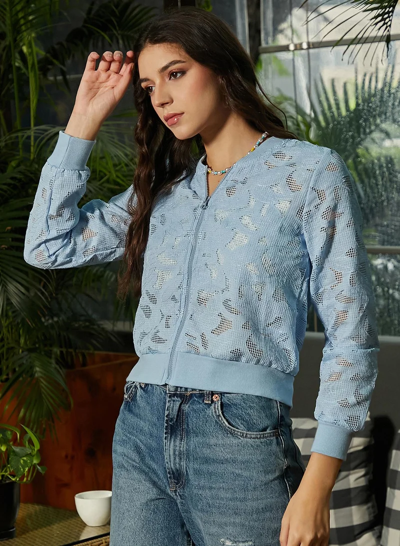 Campus Sutra Women's Sky Blue Mesh Botanical Jacket For Casual Wear | Baseball Collar  | Long Sleeve | Zipper Closure | Jacket Crafted With Comfort Fit For Everyday Wear