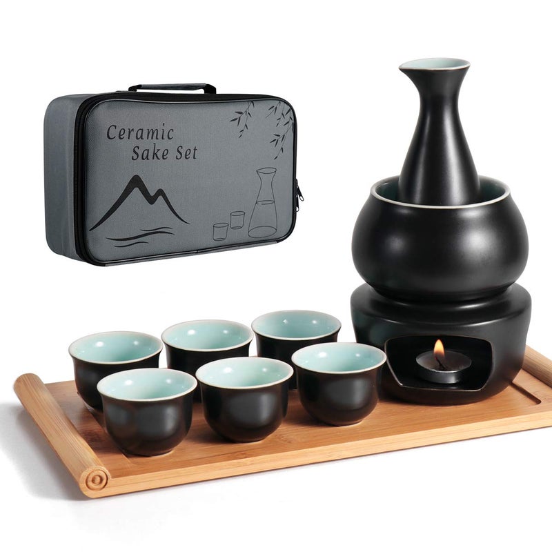 Dltsli Ceramic Sake Set with Warmer Pot Tray, Stovetop Porcelain Pottery Hot Saki Drink Bottle, 10pcs Set 1 Stove 1 Warming Bowl 1 Sake Bottle 1 Tray 6 Cup Keep Sake Storage Box (Black) - Image 1