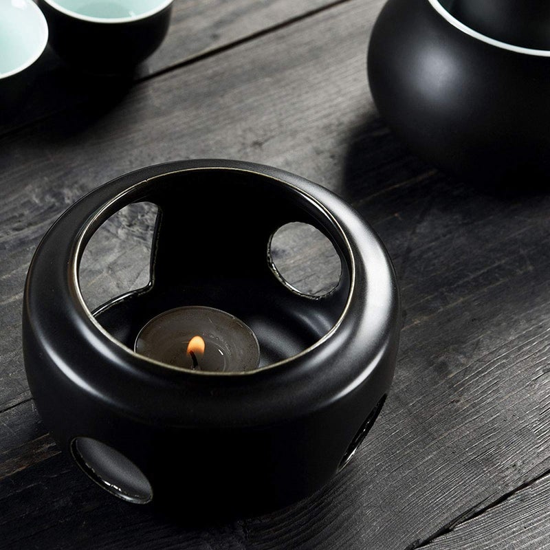 Dltsli Ceramic Sake Set with Warmer Pot Tray, Stovetop Porcelain Pottery Hot Saki Drink Bottle, 10pcs Set 1 Stove 1 Warming Bowl 1 Sake Bottle 1 Tray 6 Cup Keep Sake Storage Box (Black) - Image 2