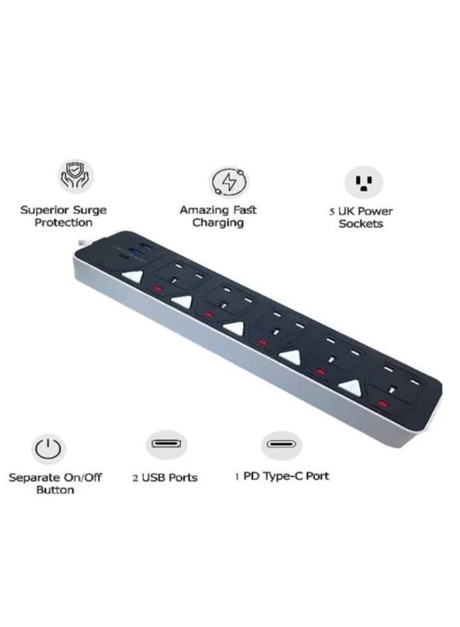 توصيلة كهرباء 5 متر | أفضل كابل تمديد الطاقة | شرائح كهرباء سلك تمديد 5 مقابس | 2 منفذ يو اس بي | 1 منفذ من النوع C | شحن سريع | وصلة توصيل مقبس الشحن لحماية الطفرة - Image 1