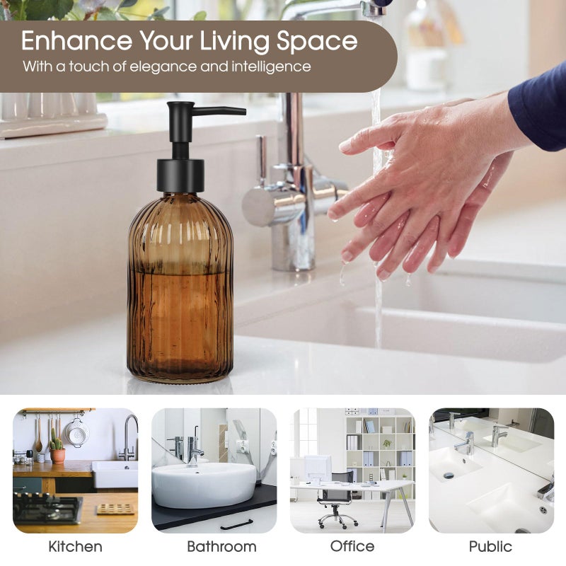 TOPSKY 13.5oz Stripe Glass Soap Dispenser with Black Plastic Pump, 400ml Liquid Hand Soap Dispenser, Rustproof Pump for Kitchen & Bathroom, Great for Lotions, Essential Oil, Liquid Soaps-Amber - Image 5