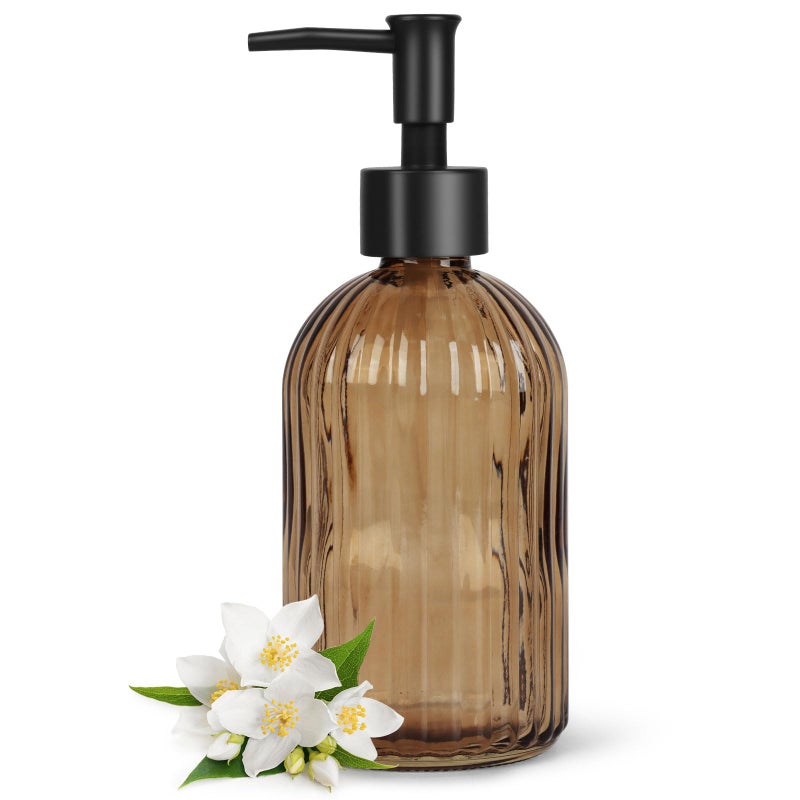 TOPSKY 13.5oz Stripe Glass Soap Dispenser with Black Plastic Pump, 400ml Liquid Hand Soap Dispenser, Rustproof Pump for Kitchen & Bathroom, Great for Lotions, Essential Oil, Liquid Soaps-Amber - Image 1