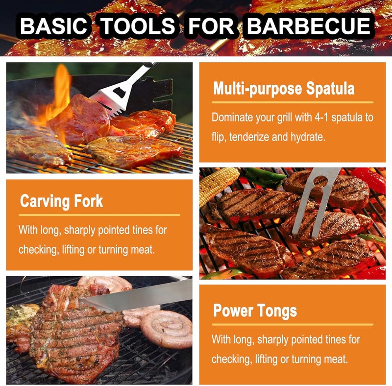 grilljoy طقم أدوات الشواء 24 قطعة مع مقياس حرارة اللحم وحقنة - شوكة فولاذية مقاومة للصدأ سميكة، ملعقة وملاقط - ملحقات شواء كاملة في علبة ألمنيوم - هدايا شواء مثالية للرجال باللون الرمادي - Image 4