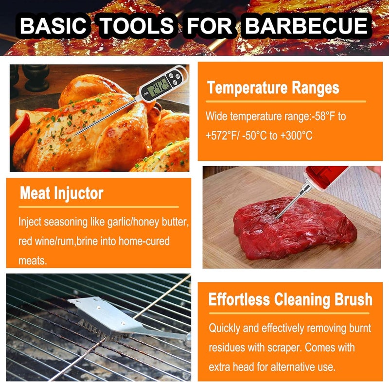 grilljoy طقم أدوات الشواء 24 قطعة مع مقياس حرارة اللحم وحقنة - شوكة فولاذية مقاومة للصدأ سميكة، ملعقة وملاقط - ملحقات شواء كاملة في علبة ألمنيوم - هدايا شواء مثالية للرجال باللون الرمادي - Image 5