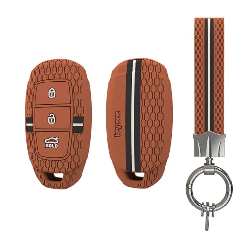 keyzone Striped Silicone Key Cover & Keychain Compatible for Hyundai i20, Kona, Verna 2018 onwards 3 Button smart key (Brown with Striped Brown Keychain) - Image 2