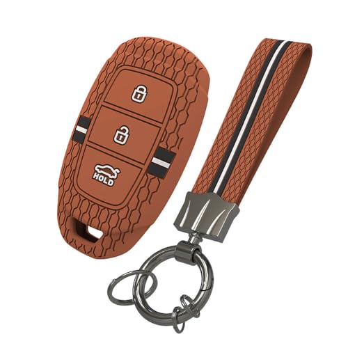 keyzone Striped Silicone Key Cover & Keychain Compatible for Hyundai i20, Kona, Verna 2018 onwards 3 Button smart key (Brown with Striped Brown Keychain) - Image 1