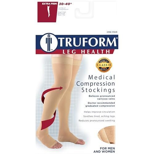 Truform جوارب ضغط Truform 30-40 مم زئبقي للرجال والنساء، بطول الفخذ، بعلبة نقطية، مفتوحة الأصابع، بيج، صغير - Image 4