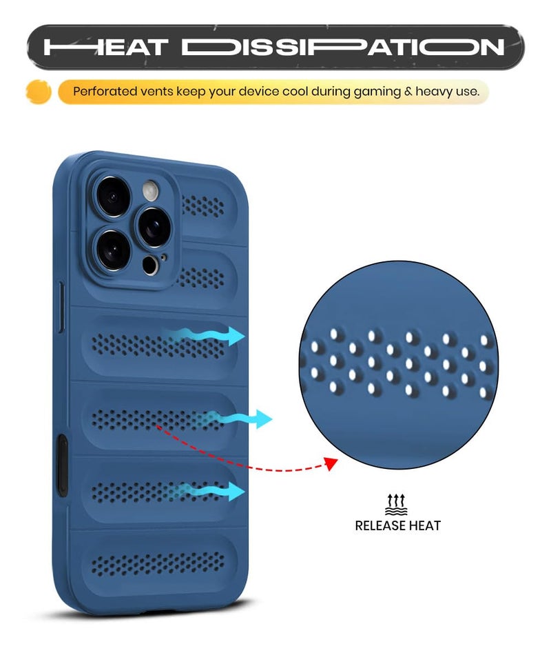 WOW IMAGINE Ultimate Silicone Back Cover Case for iPhone 16 Pro Max | Heat Dissipation Thin Soft TPU | 360° Camera Protection | Breathable Cooling Holes – Deep Blue - Image 3