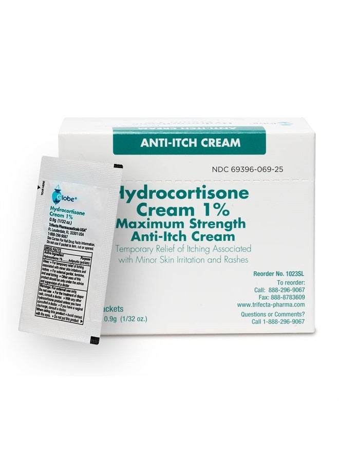 Globe (Box 25 Hydrocortisone 1% Maximum Strength Cream, (0.9g Packet) Anti-Itch Cream for Redness, Swelling, Itching, Rash, Bug Bites, Eczema, More - Image 1