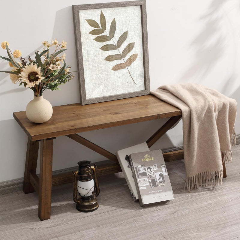 Wnutrees 43" Farmhouse Wood Bench, Narrow Bench, Long Bench Seat for Entryway, Living Room, Dining Room, Solid Wood, Natural - Image 1