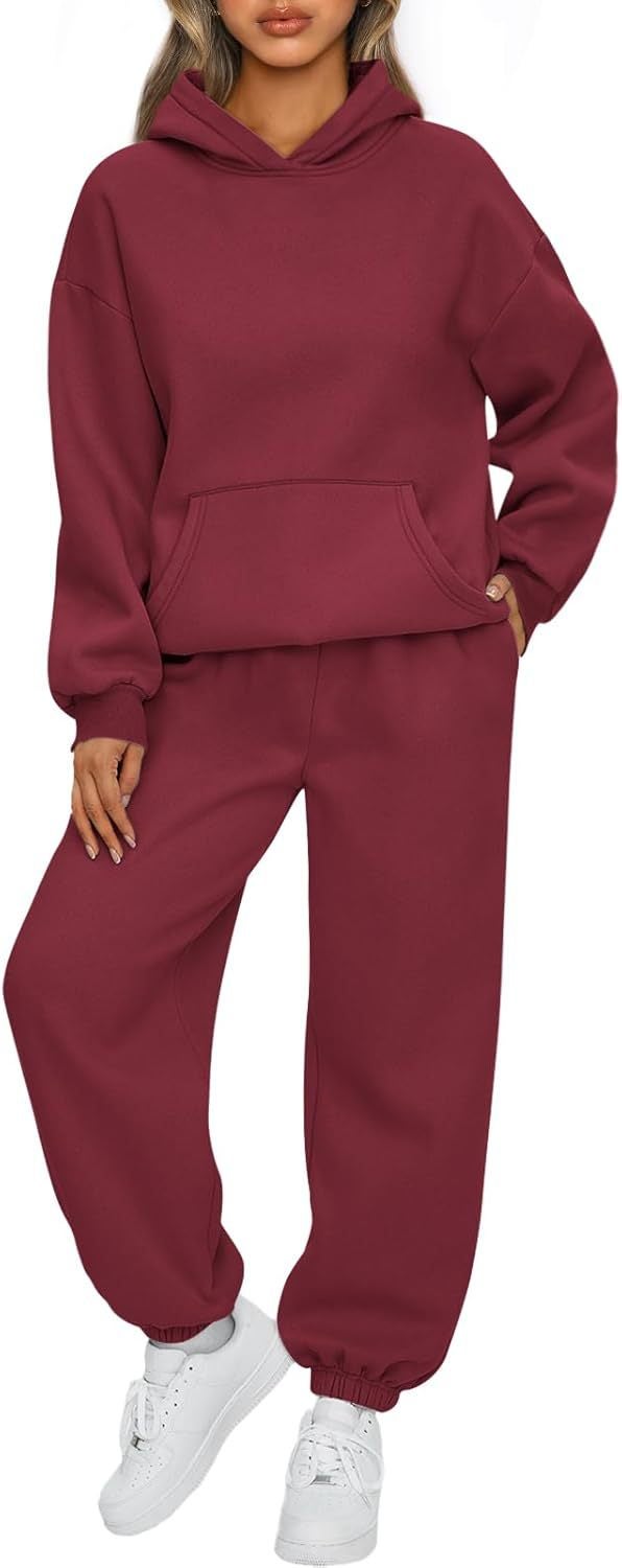 2023 Autumn Winter Womens Hoodie and Pants Set Wine red