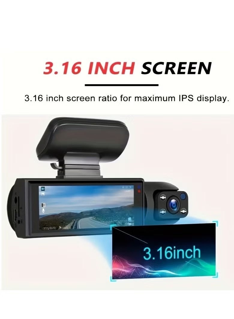 كوكونات 1080P كاميرا مزدوجة، كاميرا داش للسيارات، من الأمام والداخل، كاميرا سيارة مع رؤية ليلية بالأشعة تحت الحمراء، تسجيل حلقي، كاميرا فيديو سيارة بزاوية عريضة مع 3.16 بوصة شاشة IPS، عدسة مزدوجة لوحة أجهزة قياس السيارة كاميرا فيديو - Image 2