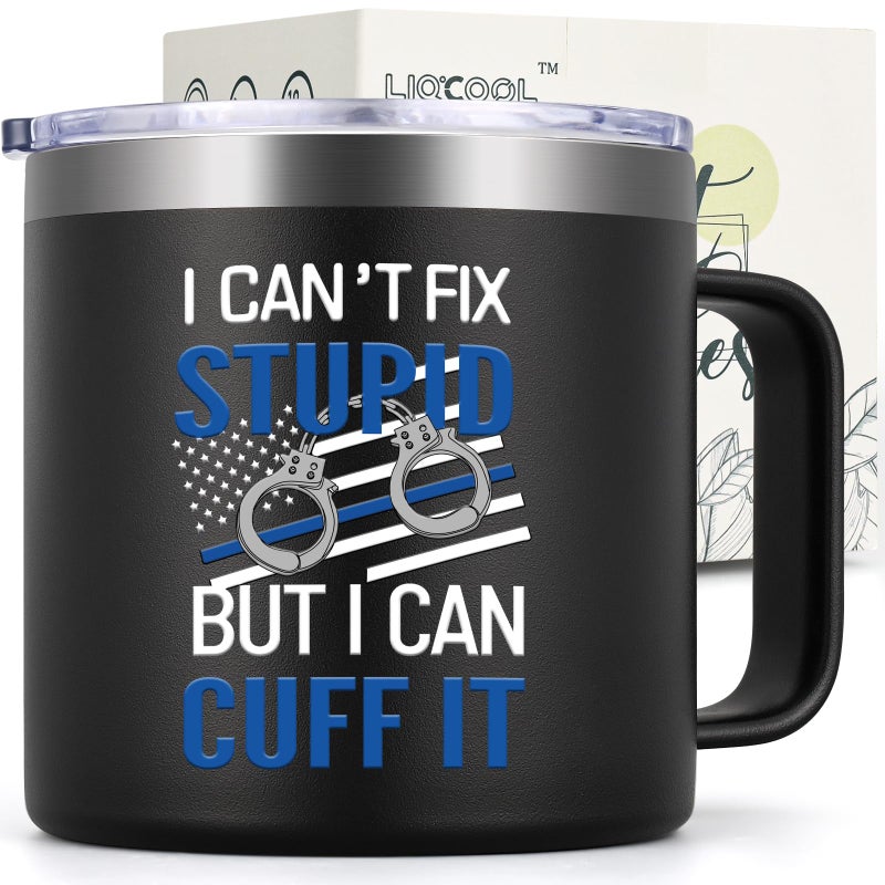 LiqCool Police Gifts for Men I Cant Fix Stupid Insulated 14 Oz Coffee Mug Best Law Enforcement for Him Police Correctional Officer Cop Gifts Christmas Birthday for Dad Husband Brother Black