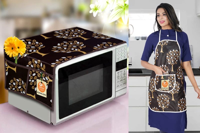 KANUSHI Industries® Microwave/Oven Top Cover with 4 Utility Pockets (Color -Brown)+1 Pc Apron Front Pocket (Micro+Apron-Brown-Tree) - Image 1