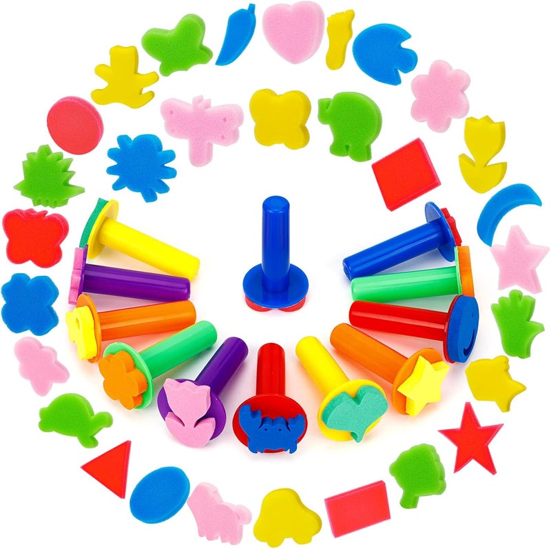 TORINALITAL 42Pcs Toddlers Kids Paint Sponges Including 30 Craft Sponge Shapes 12 EVA Sponge Stamper, Early Learning Finger Paint Sponge Brushes Foam Art Drawing Tools - Image 1