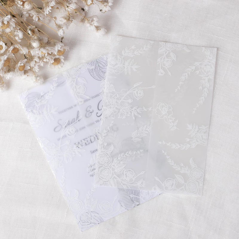 ABIDISO 50 Pack Pre-Folded Vellum Jackets for 5x7 Invitations, 115GSM Translucent Vellum Paper 5x7, Elegant Wedding Invitation Accessories (White Flower) - Image 1