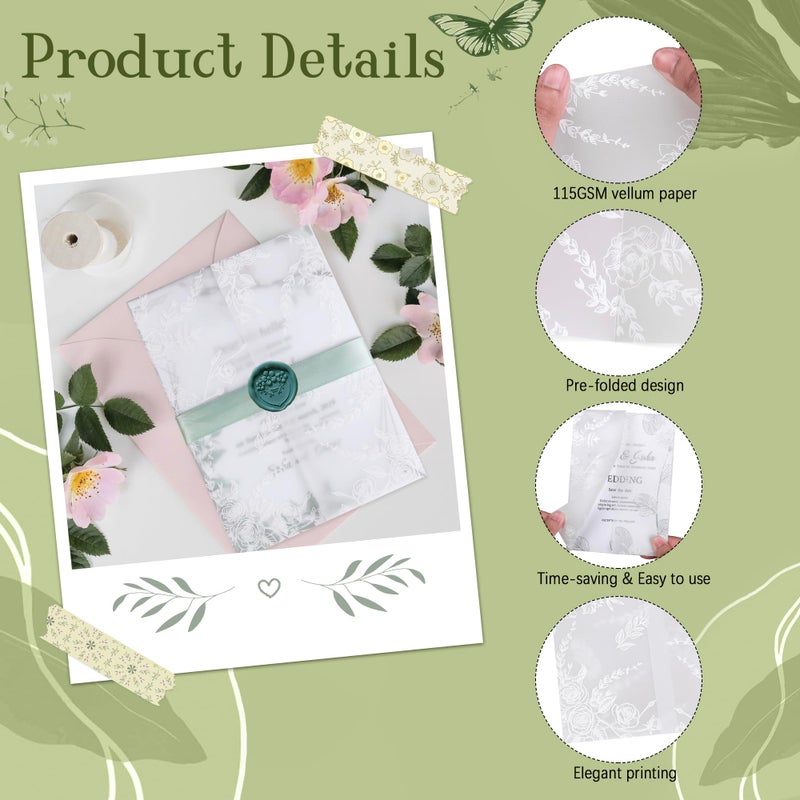 ABIDISO 50 Pack Pre-Folded Vellum Jackets for 5x7 Invitations, 115GSM Translucent Vellum Paper 5x7, Elegant Wedding Invitation Accessories (White Flower) - Image 3