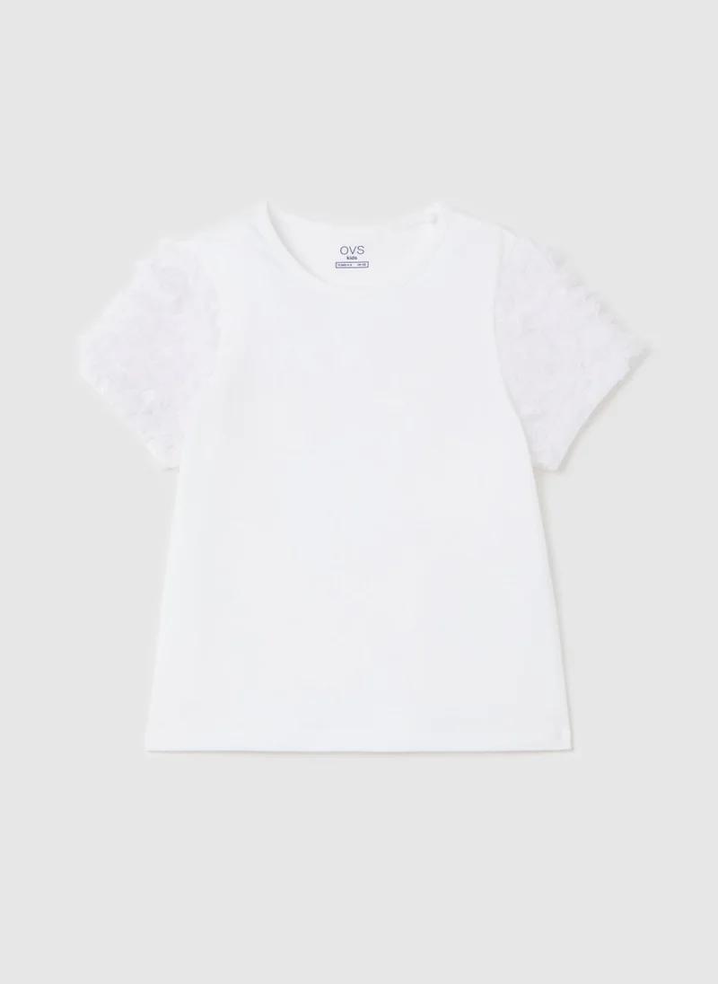 او في اس T-Shirt With Round Neck And Tulle Appliqués