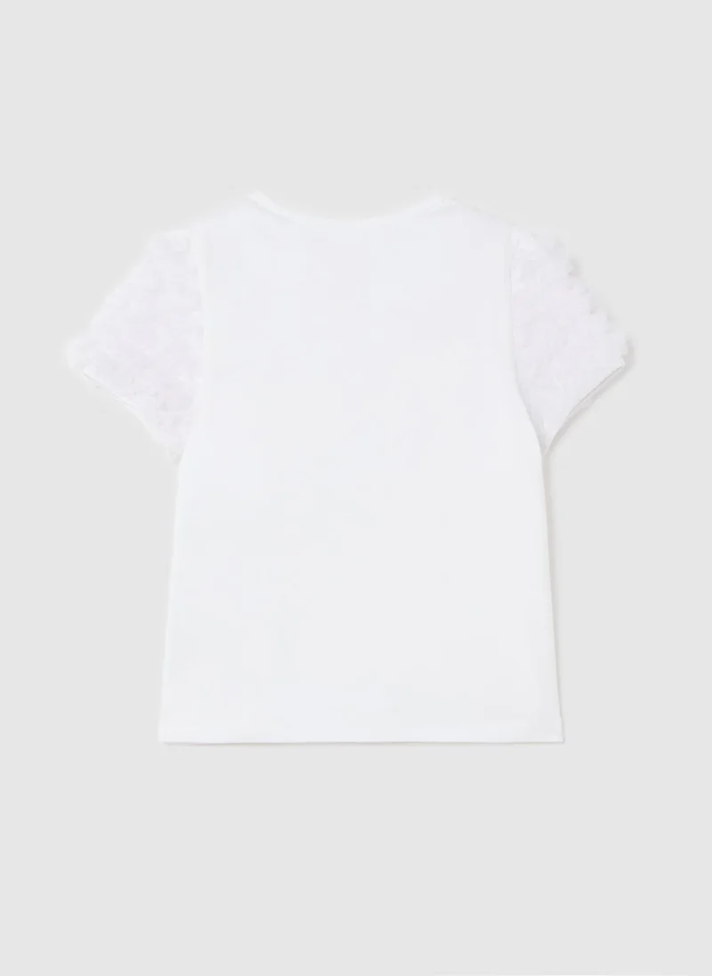 او في اس T-Shirt With Round Neck And Tulle Appliqués