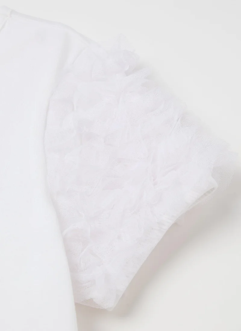 Ovs T-Shirt With Round Neck And Tulle Appliqués