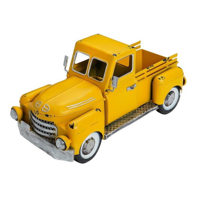 FARMHOUSE YELLOW TRUCK METAL DECORVINTAGE OUTDOOR IRON TRUCK DECOR RUSTIC PICKUP PLANTERANTIQUE CAR DECORATIONDESKTOP WINE RACK STANDDECORATIVE TABLETOP STORAGE