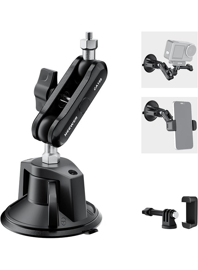 NEEWER Suction Cup Phone Holder & Camera Mount Compatible With GoPro DJI Insta360 iPhone, Car Phone Mount with Action Camera Adapter 360° Magic Arm for POV Windshield Glass Vlog Video Recording, CA158 - Image 1