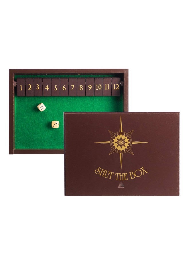 STERLING Games Wooden Shut The Box Game 12 Numbers with Home Decor Design Lid Cover and Felted Rolling Surface, Brown - Image 1
